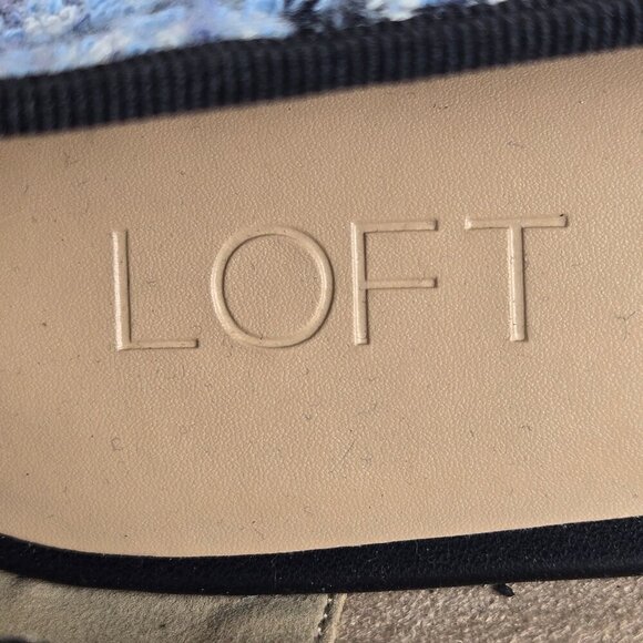 LOFT Size 7.5M Blue Plaid Tweed and Black Leather Ballet Flats Bow Accent - Picture 11 of 12